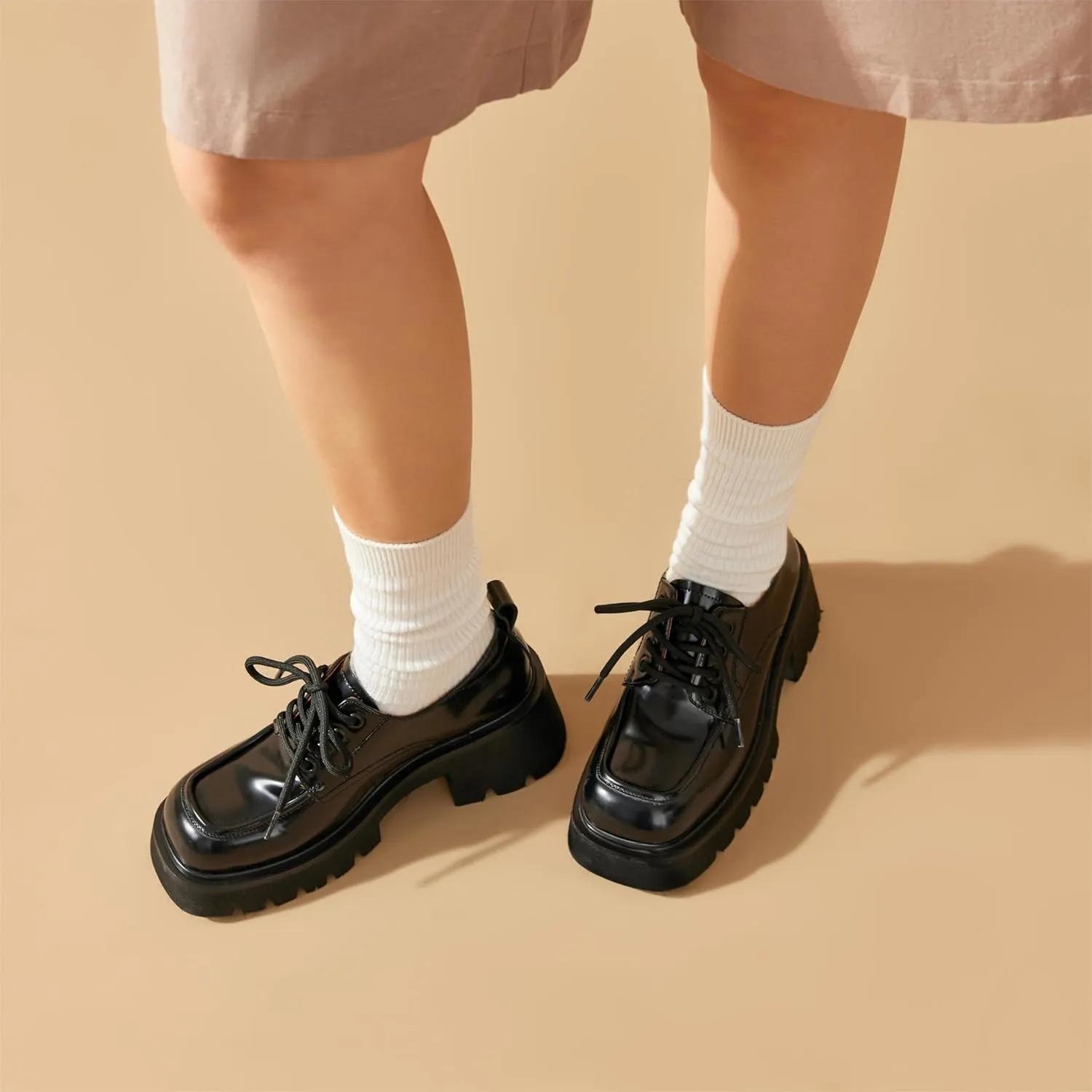BEAU TODAY Chunky Platform Oxford Shoes for Women - Classic Lace-Up Leather Comfortable Business Lug Sole Work Office Shoes