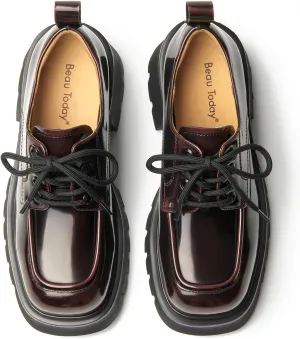 BEAU TODAY Chunky Platform Oxford Shoes for Women - Classic Lace-Up Leather Comfortable Business Lug Sole Work Office Shoes