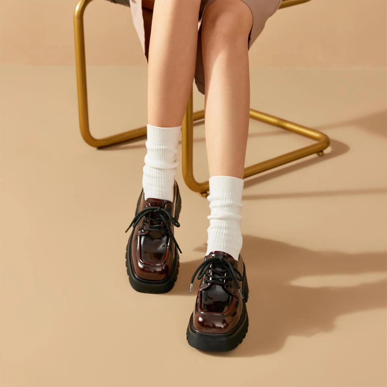 BEAU TODAY Chunky Platform Oxford Shoes for Women - Classic Lace-Up Leather Comfortable Business Lug Sole Work Office Shoes