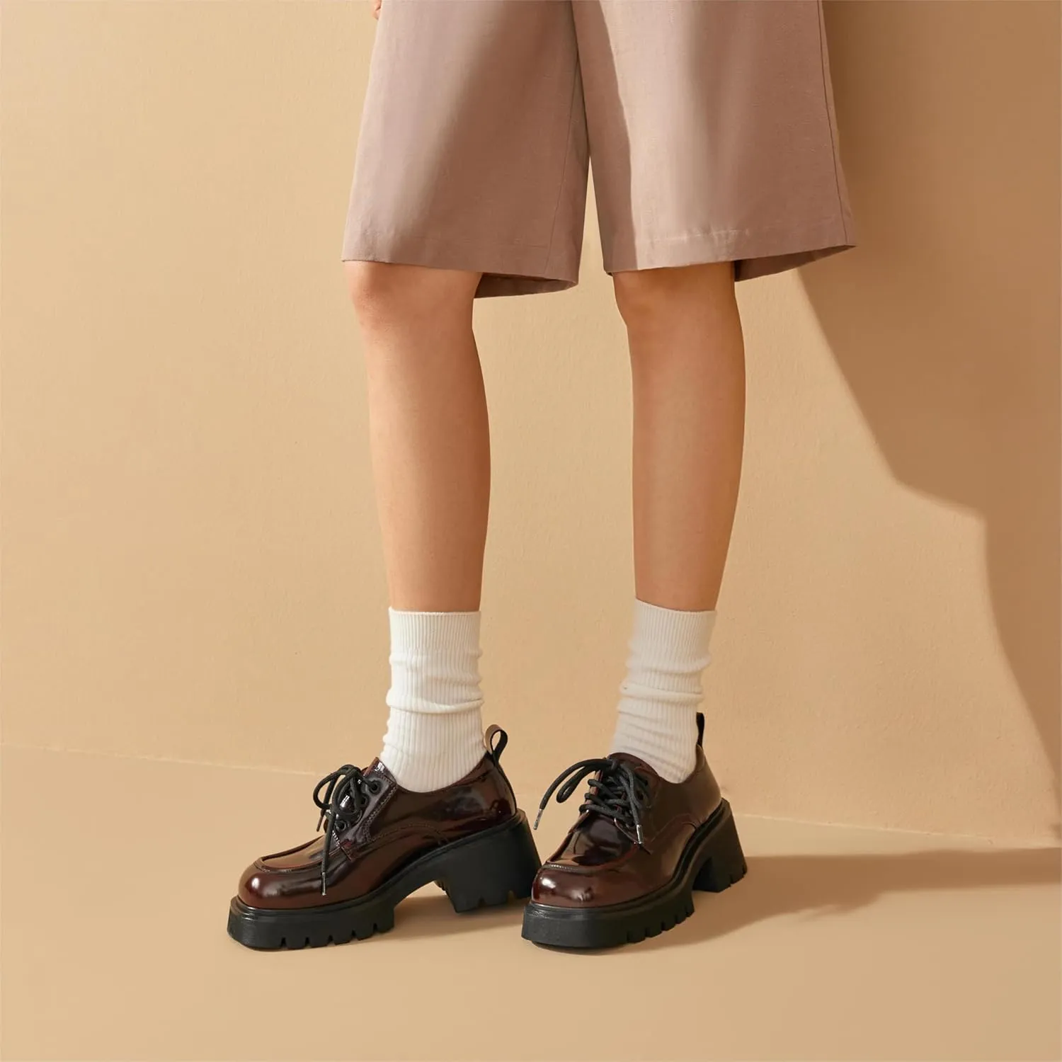 BEAU TODAY Chunky Platform Oxford Shoes for Women - Classic Lace-Up Leather Comfortable Business Lug Sole Work Office Shoes