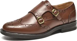BEAU TODAY Women's Leather Loafers, Monk Strap Womens Oxfords, Comfort Office Business Ladies Casual Shoes, Double Buckles Deign, Brogue Wingtip Slip-on