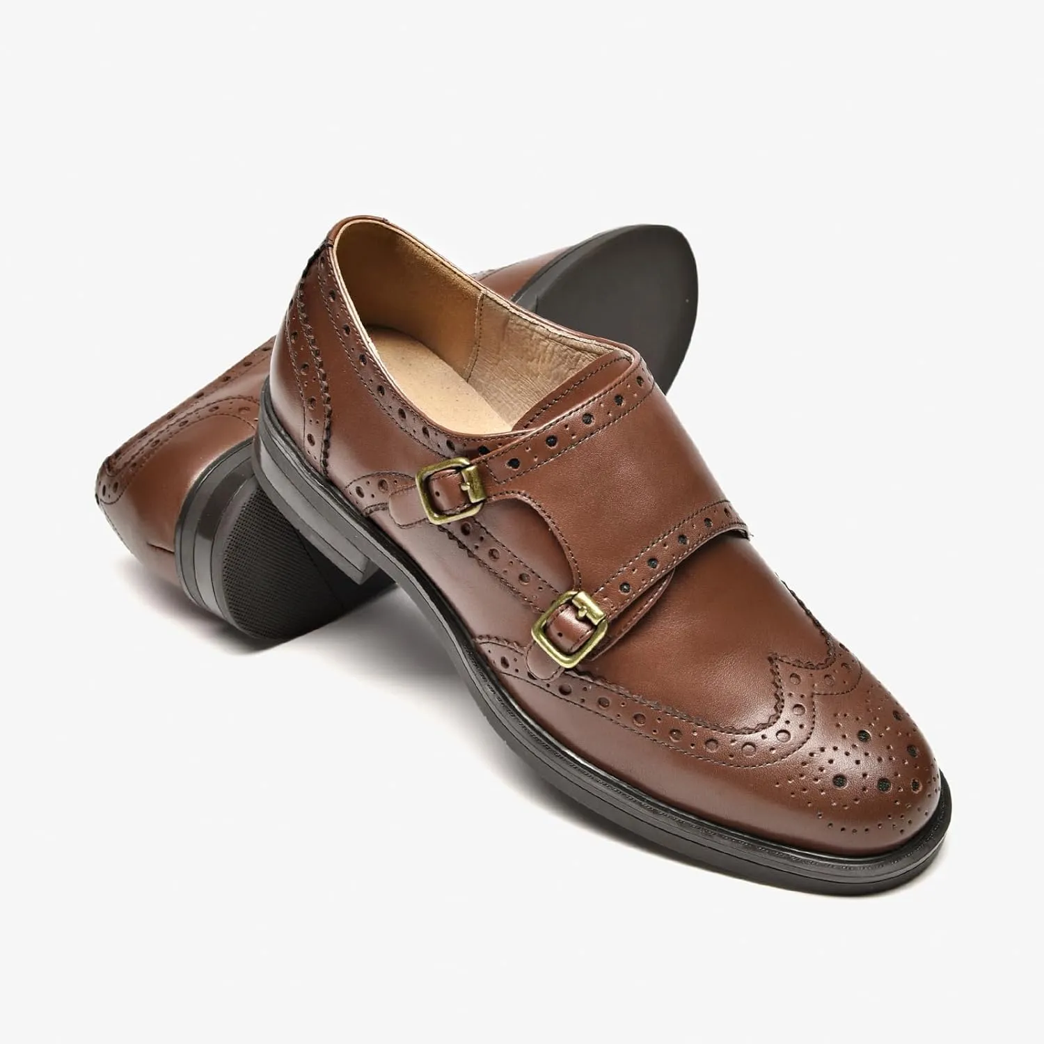 BEAU TODAY Women's Leather Loafers, Monk Strap Womens Oxfords, Comfort Office Business Ladies Casual Shoes, Double Buckles Deign, Brogue Wingtip Slip-on