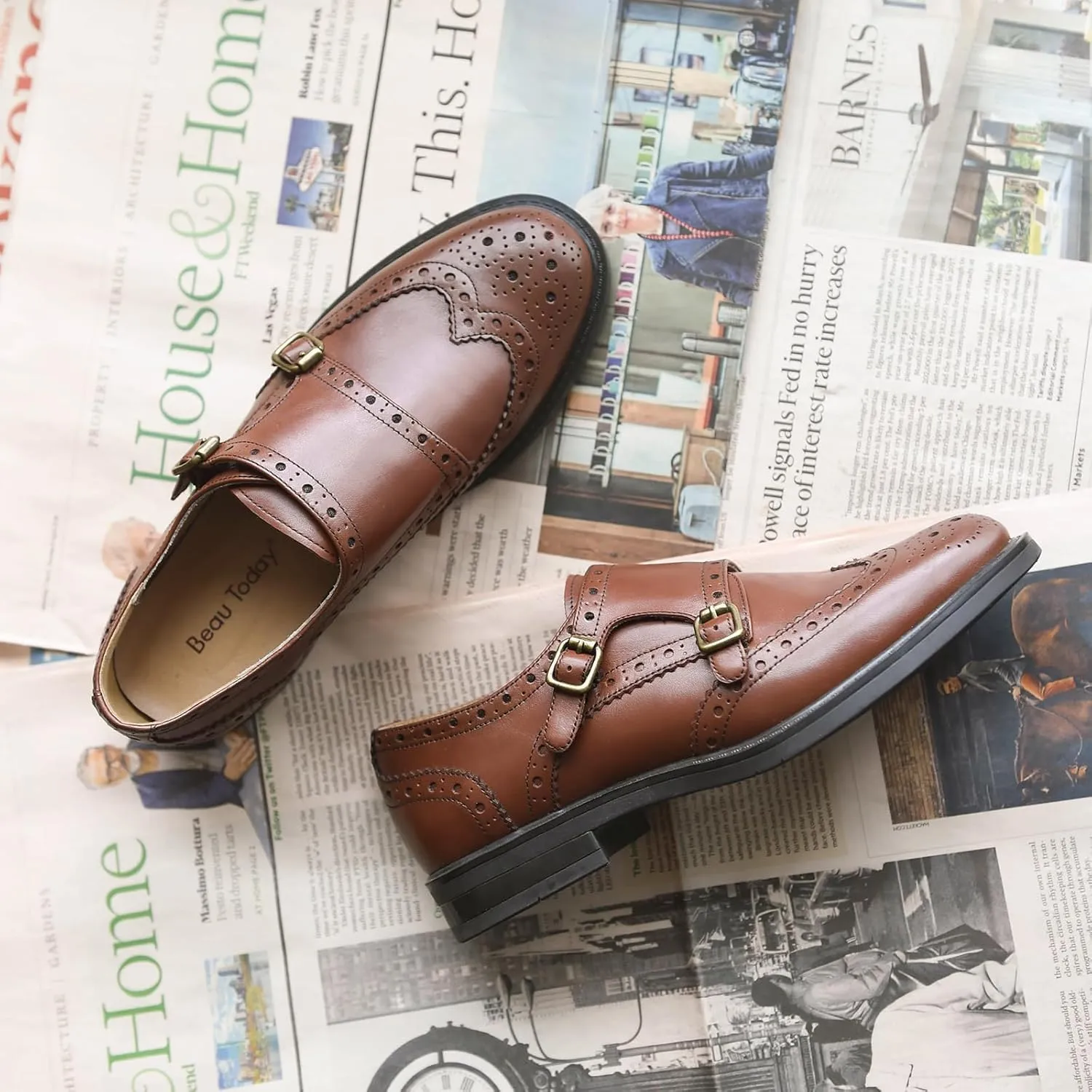 BEAU TODAY Women's Leather Loafers, Monk Strap Womens Oxfords, Comfort Office Business Ladies Casual Shoes, Double Buckles Deign, Brogue Wingtip Slip-on