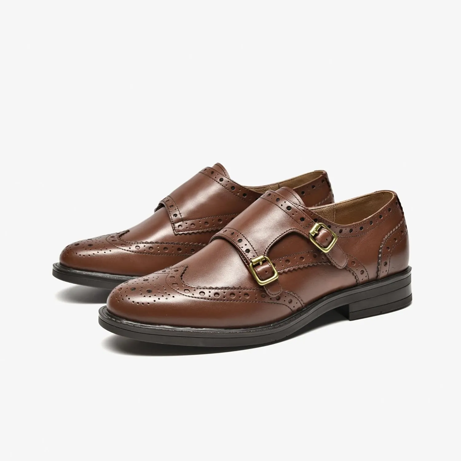 BEAU TODAY Women's Leather Loafers, Monk Strap Womens Oxfords, Comfort Office Business Ladies Casual Shoes, Double Buckles Deign, Brogue Wingtip Slip-on
