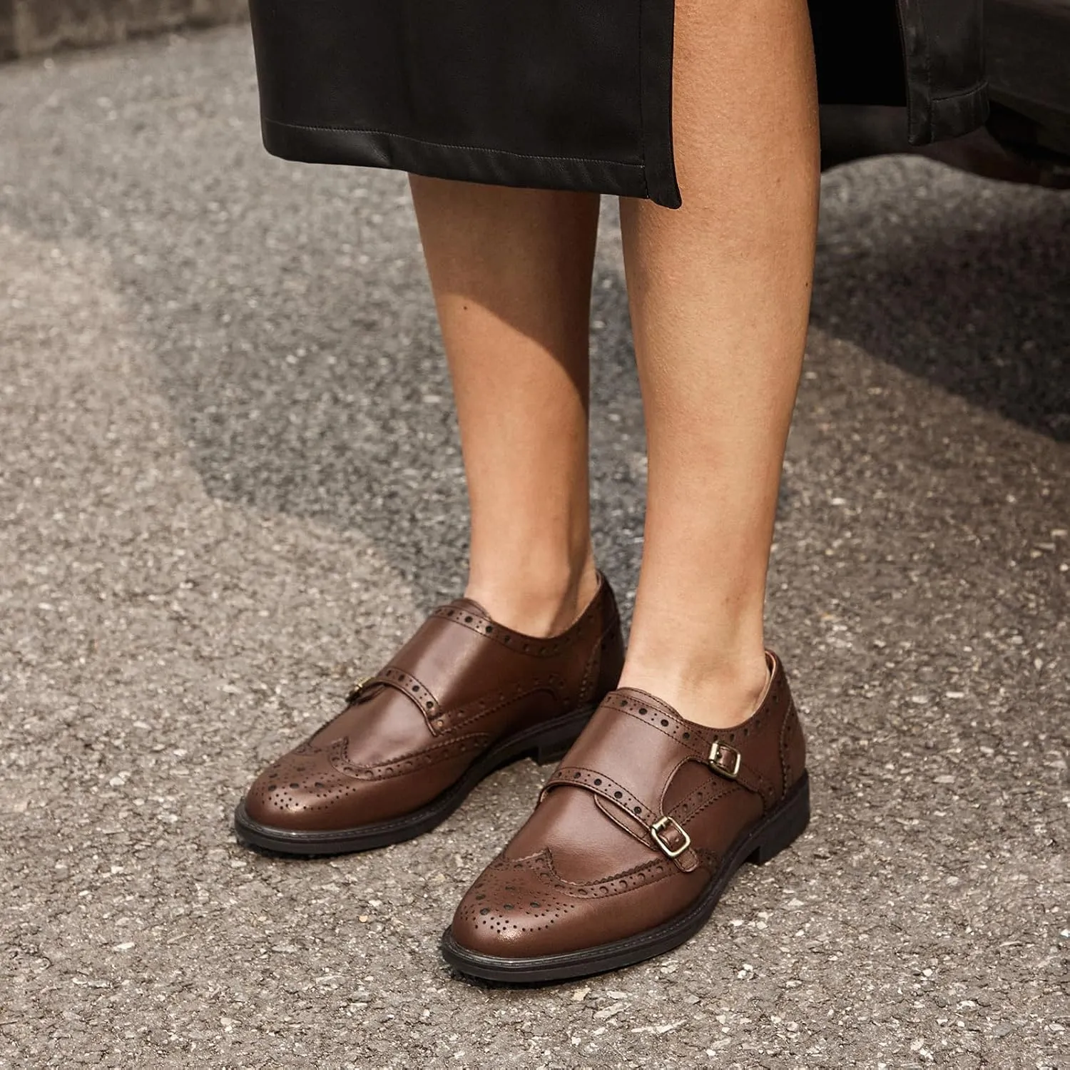 BEAU TODAY Women's Leather Loafers, Monk Strap Womens Oxfords, Comfort Office Business Ladies Casual Shoes, Double Buckles Deign, Brogue Wingtip Slip-on