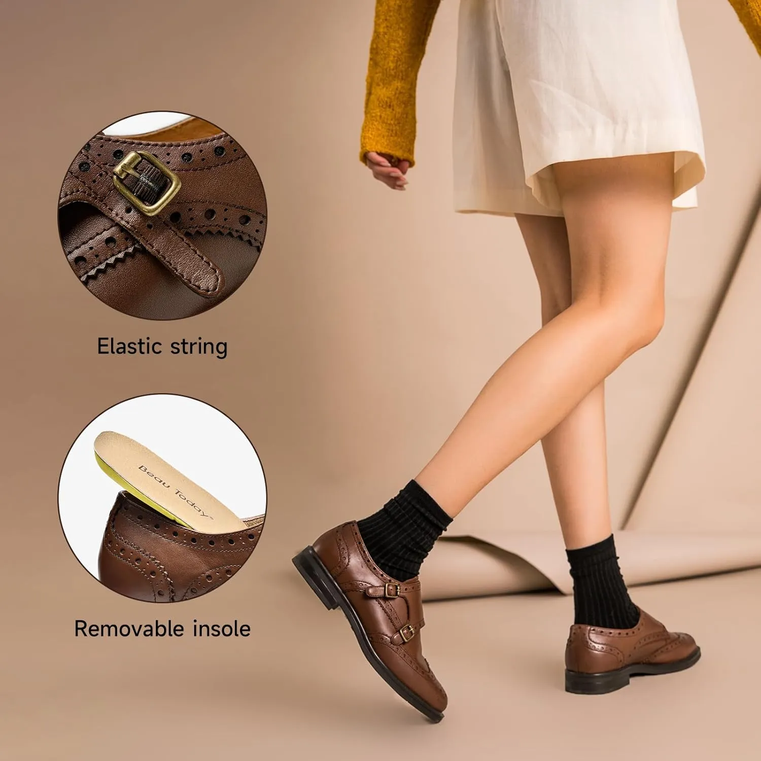 BEAU TODAY Women's Leather Loafers, Monk Strap Womens Oxfords, Comfort Office Business Ladies Casual Shoes, Double Buckles Deign, Brogue Wingtip Slip-on
