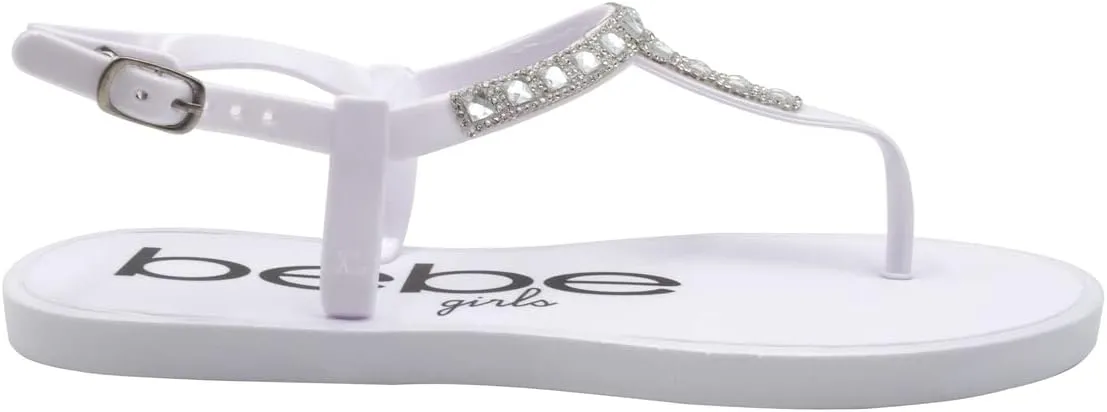 bebe Girls' Sandals - Rhinestone Flat White Thong Sparkly Kids Sandals, Girls Dress Jelly Flip Flop Shoes, Girl Shoes for Wedding, Summer and Spring Dress Size