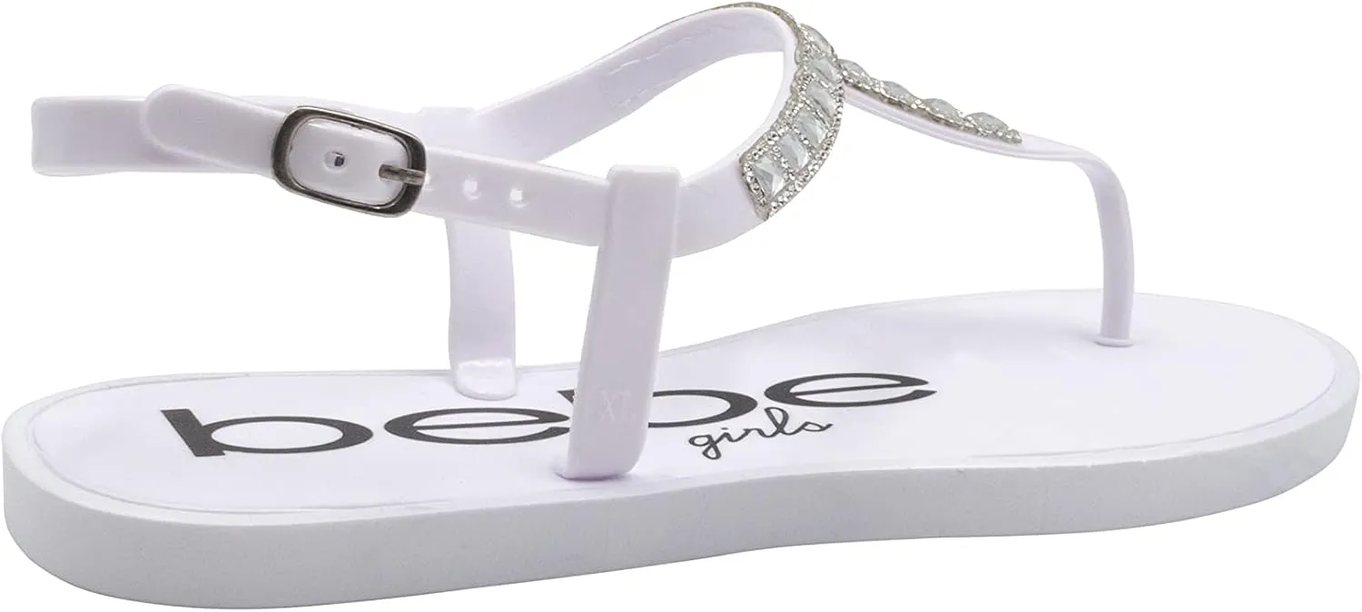 bebe Girls' Sandals - Rhinestone Flat White Thong Sparkly Kids Sandals, Girls Dress Jelly Flip Flop Shoes, Girl Shoes for Wedding, Summer and Spring Dress Size