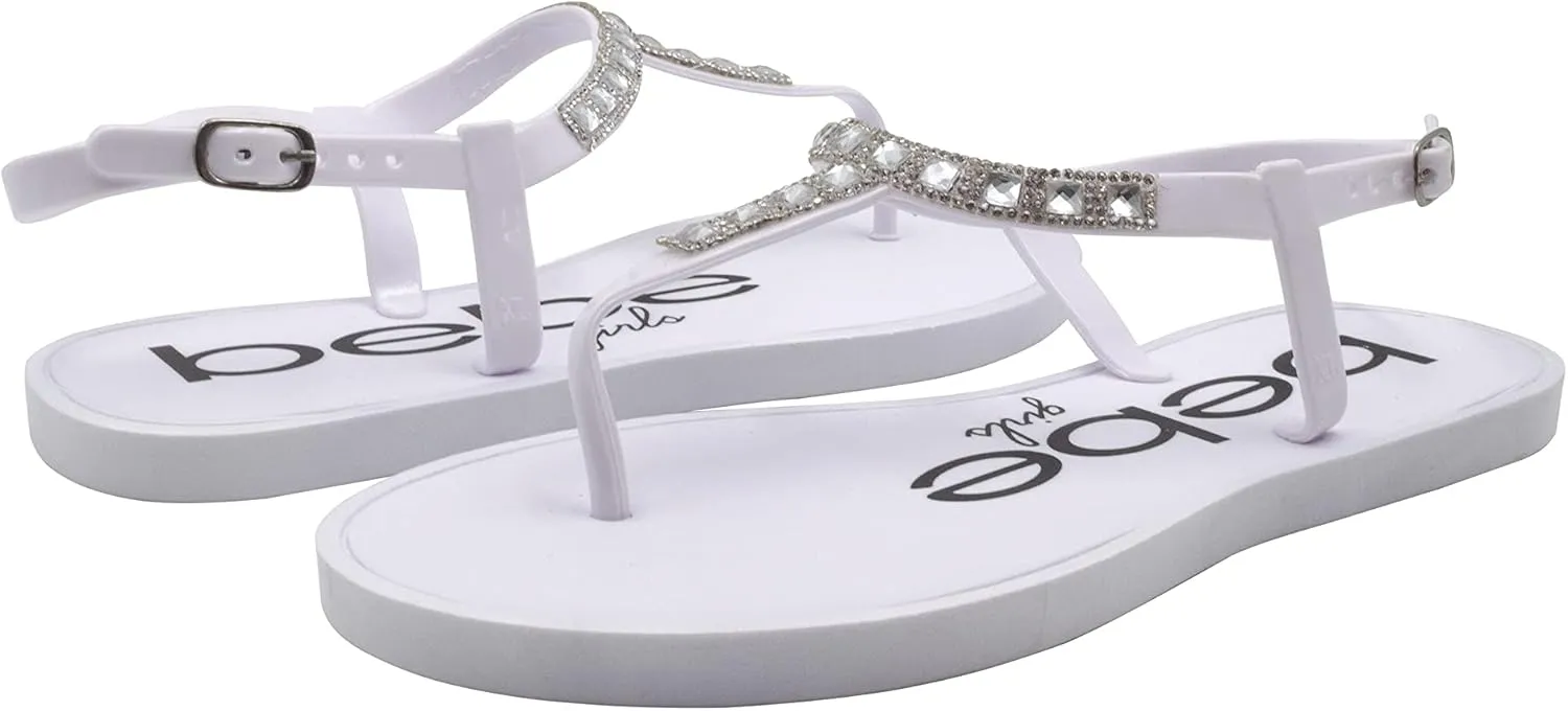 bebe Girls' Sandals - Rhinestone Flat White Thong Sparkly Kids Sandals, Girls Dress Jelly Flip Flop Shoes, Girl Shoes for Wedding, Summer and Spring Dress Size