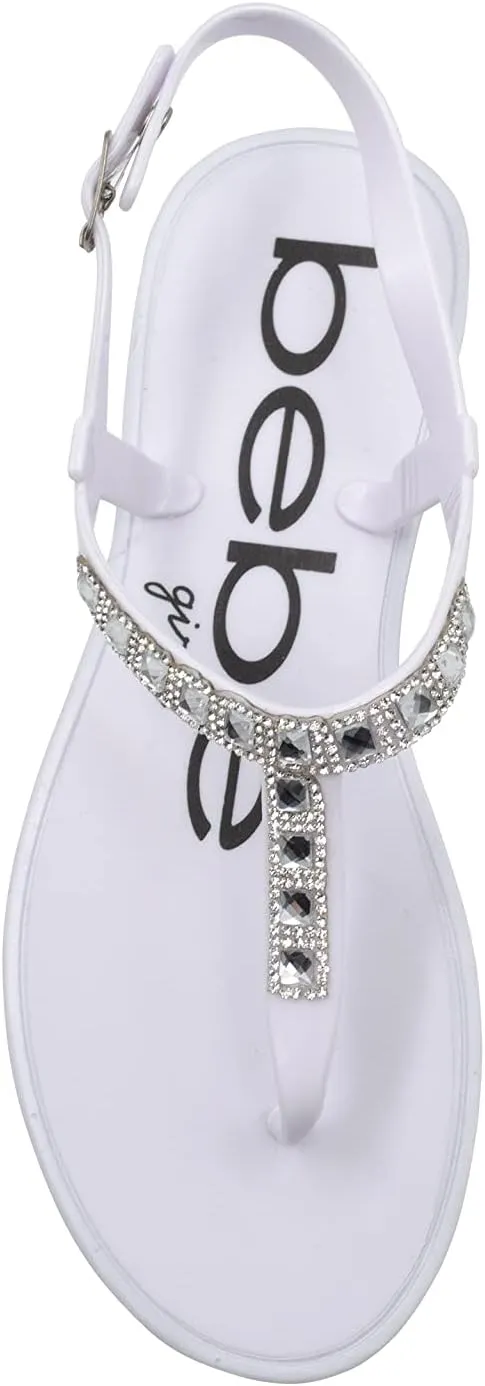 bebe Girls' Sandals - Rhinestone Flat White Thong Sparkly Kids Sandals, Girls Dress Jelly Flip Flop Shoes, Girl Shoes for Wedding, Summer and Spring Dress Size