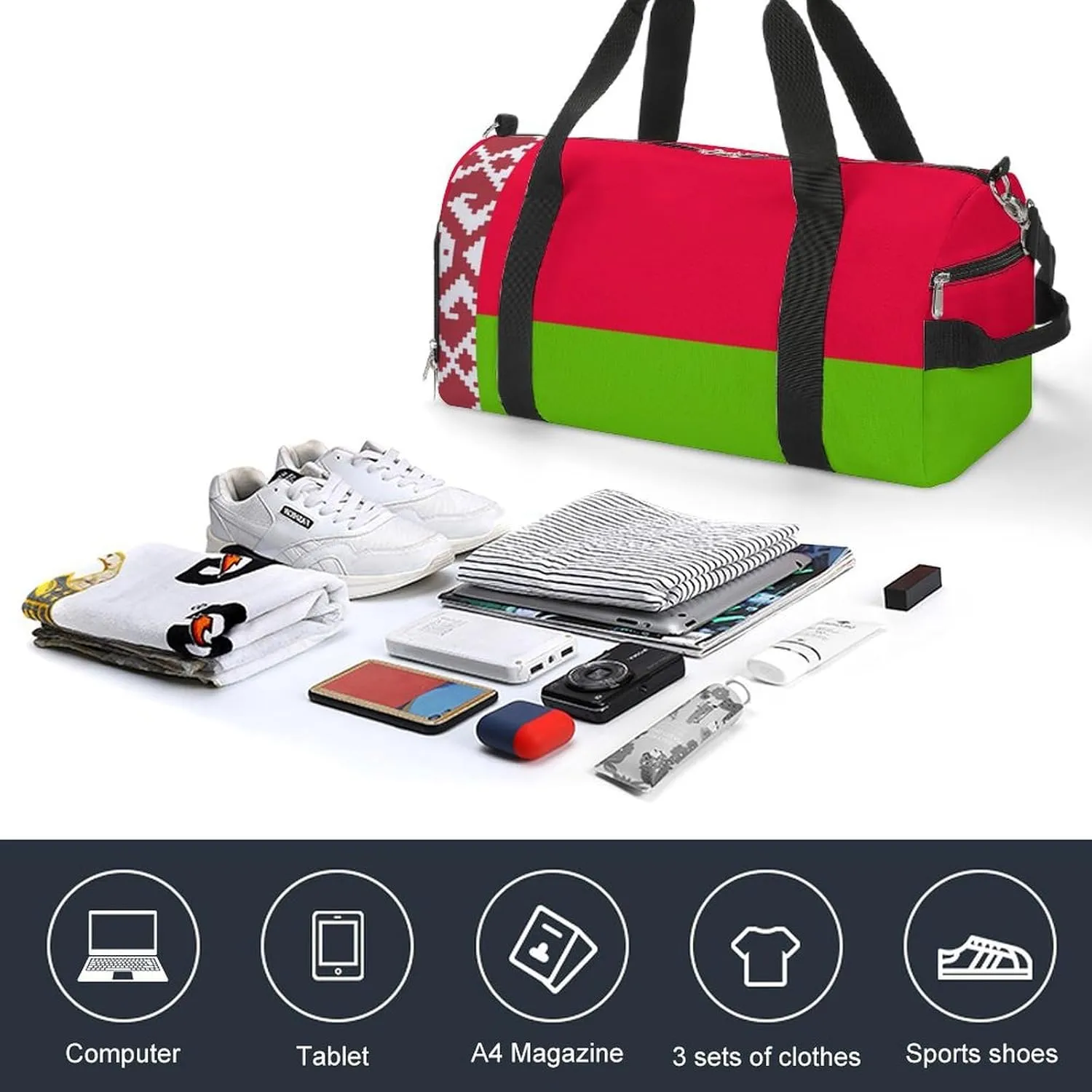 Belarus Flag Travel Duffel for Boys Girls with Shoe Compartment Overnight