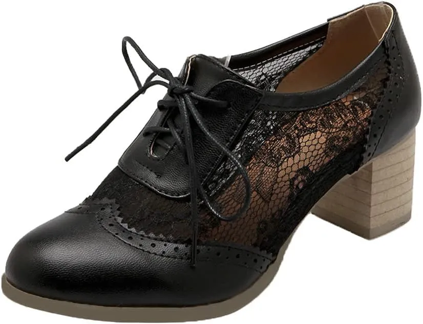 Bellirala Womens Brogues Oxfords Block Heels Lace Up Pumps Wingtip Mesh Dress Shoes