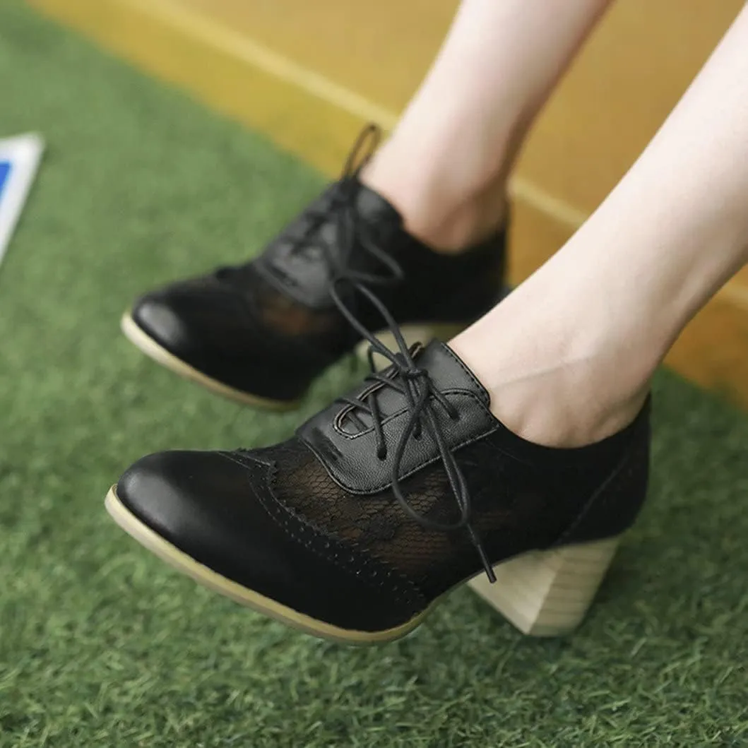 Bellirala Womens Brogues Oxfords Block Heels Lace Up Pumps Wingtip Mesh Dress Shoes