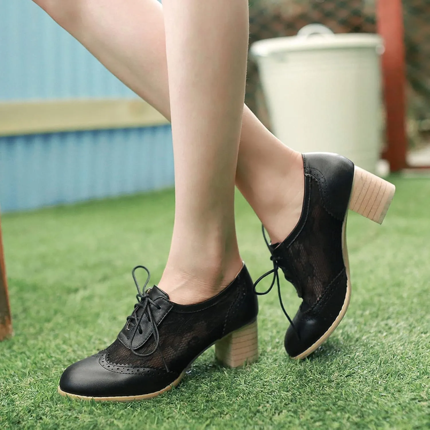 Bellirala Womens Brogues Oxfords Block Heels Lace Up Pumps Wingtip Mesh Dress Shoes