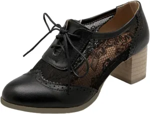 Bellirala Womens Brogues Oxfords Block Heels Lace Up Pumps Wingtip Mesh Dress Shoes