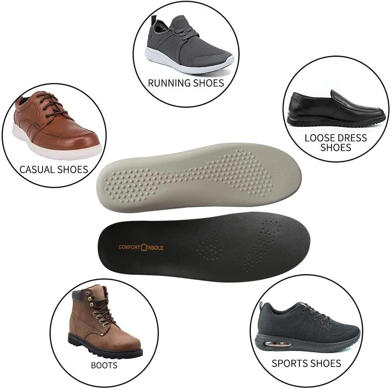 Black Real Leather Shoe Insoles for Men Working Boots and Sneakers Thick Latex Leather Inserts for Men Running Shoes Shock Absorbing Shoe Soles Pads for Flat Feet Pains Relief