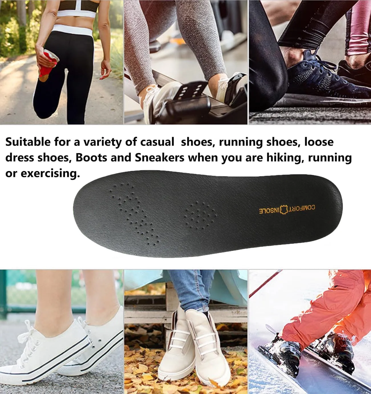 Black Real Leather Shoe Insoles for Men Working Boots and Sneakers Thick Latex Leather Inserts for Men Running Shoes Shock Absorbing Shoe Soles Pads for Flat Feet Pains Relief