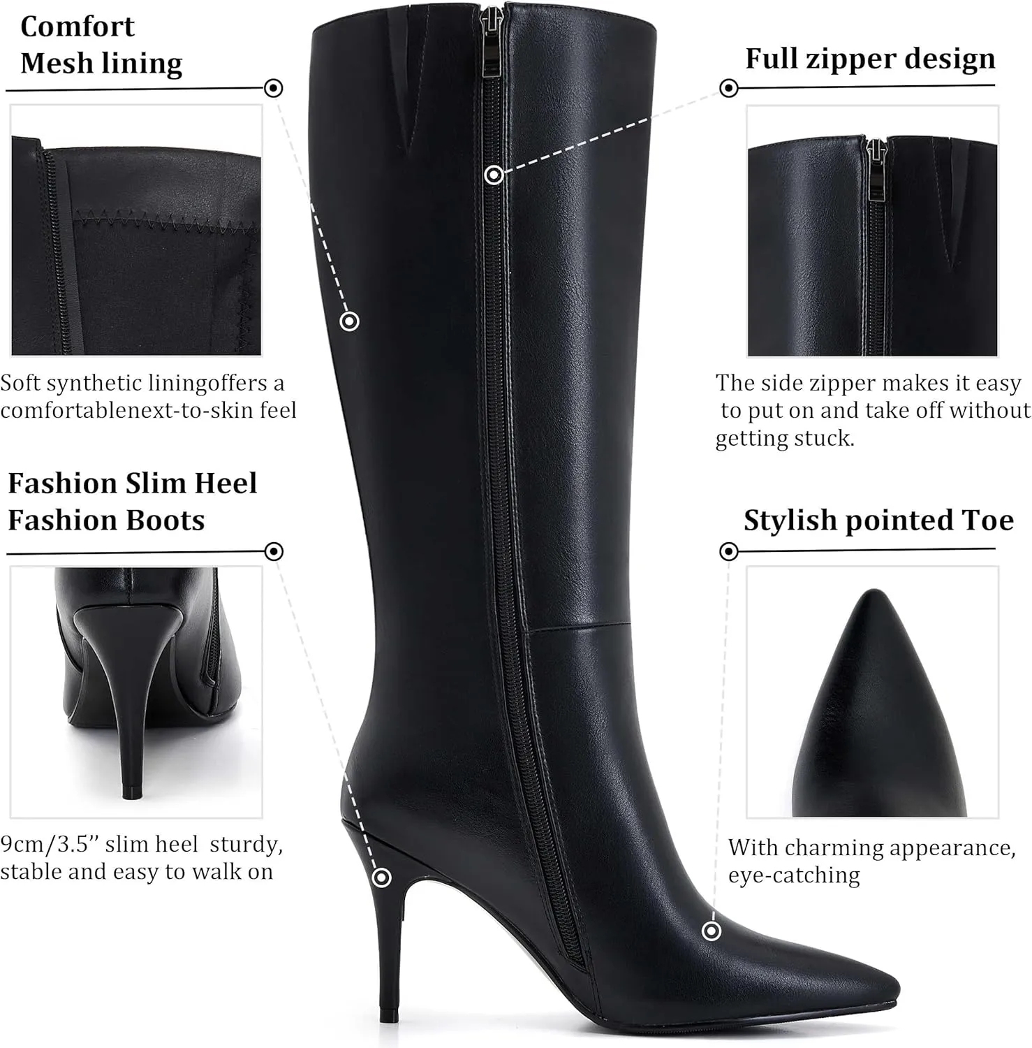 Black Stiletto Boots Knee High Pointed Toe Heels For Women Thigh High Heeled Boots Sexy