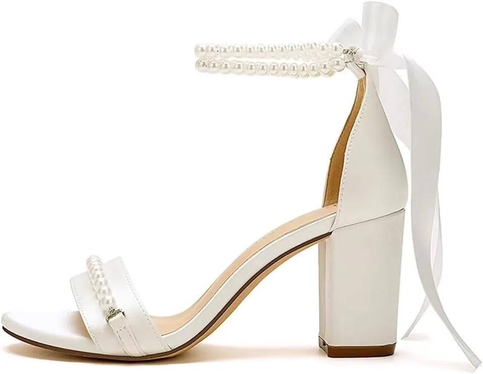 Block Heel Wedding Sandals Pearl Wedding Shoes for Bride Open Toe Bridal Shoes Chunky Heel Sandals