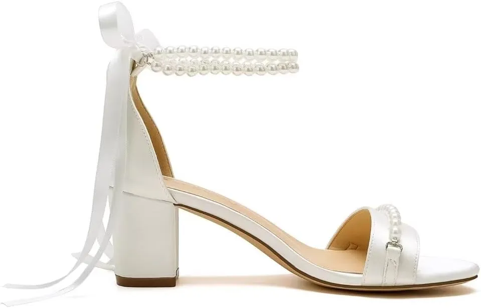 Block Heel Wedding Sandals Pearl Wedding Shoes for Bride Open Toe Bridal Shoes Chunky Heel Sandals