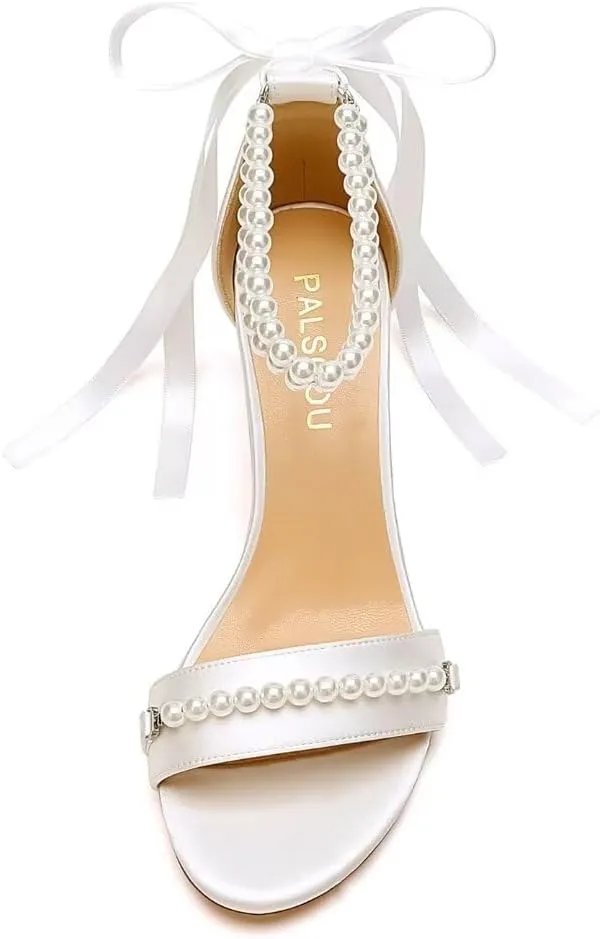 Block Heel Wedding Sandals Pearl Wedding Shoes for Bride Open Toe Bridal Shoes Chunky Heel Sandals
