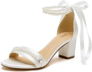 Block Heel Wedding Sandals Pearl Wedding Shoes for Bride Open Toe Bridal Shoes Chunky Heel Sandals