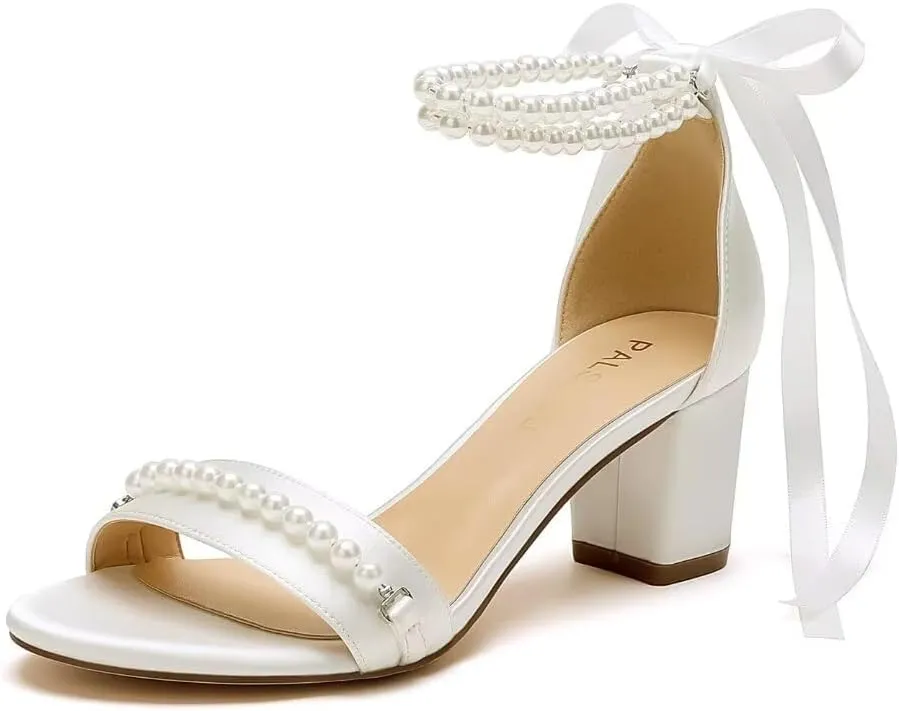 Block Heel Wedding Sandals Pearl Wedding Shoes for Bride Open Toe Bridal Shoes Chunky Heel Sandals