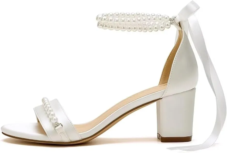 Block Heel Wedding Sandals Pearl Wedding Shoes for Bride Open Toe Bridal Shoes Chunky Heel Sandals