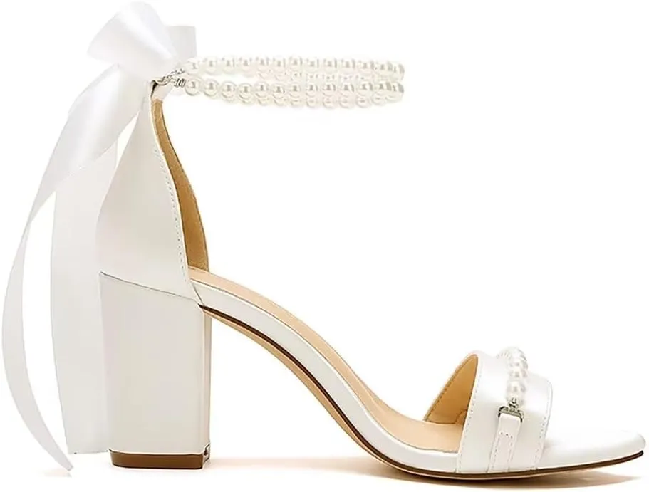Block Heel Wedding Sandals Pearl Wedding Shoes for Bride Open Toe Bridal Shoes Chunky Heel Sandals