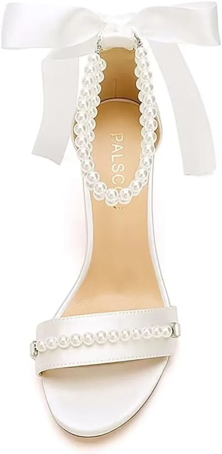 Block Heel Wedding Sandals Pearl Wedding Shoes for Bride Open Toe Bridal Shoes Chunky Heel Sandals