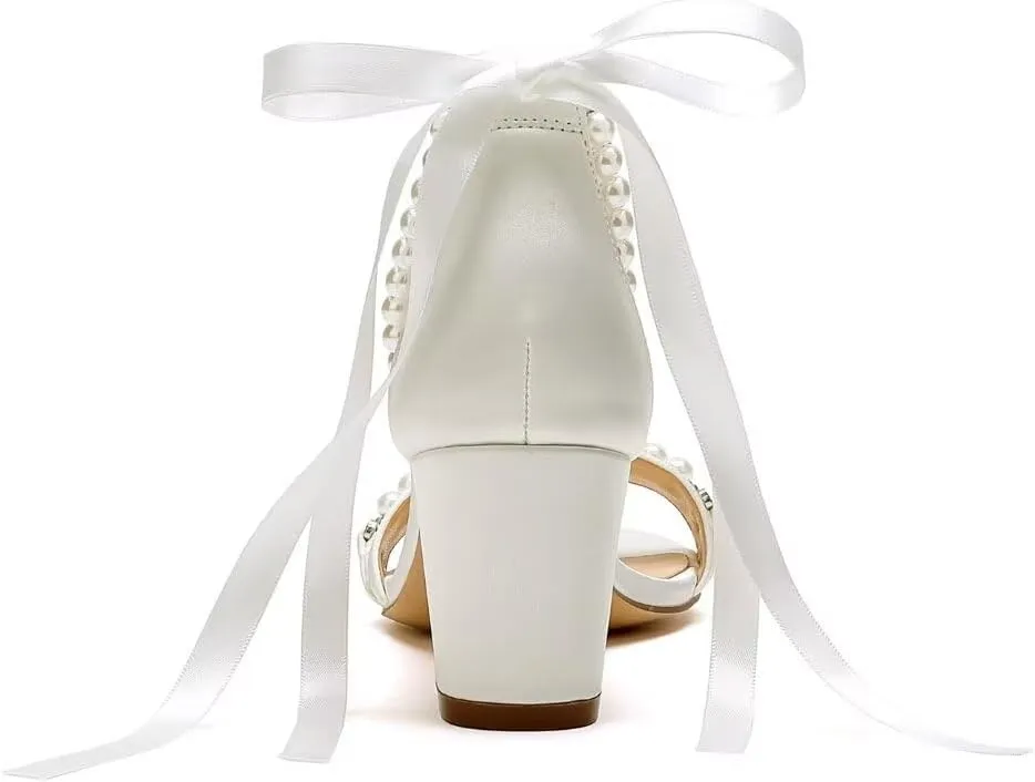 Block Heel Wedding Sandals Pearl Wedding Shoes for Bride Open Toe Bridal Shoes Chunky Heel Sandals