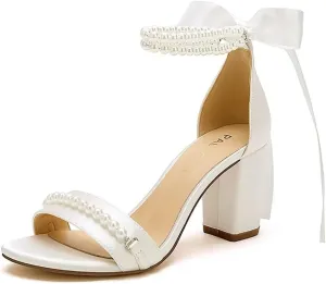 Block Heel Wedding Sandals Pearl Wedding Shoes for Bride Open Toe Bridal Shoes Chunky Heel Sandals