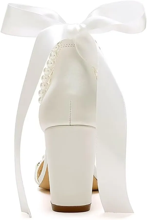 Block Heel Wedding Sandals Pearl Wedding Shoes for Bride Open Toe Bridal Shoes Chunky Heel Sandals