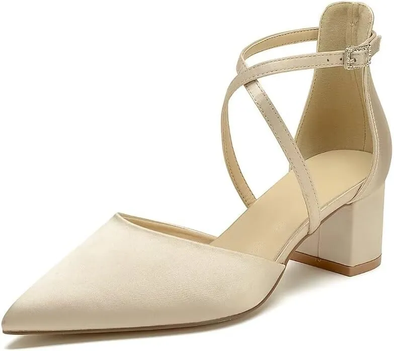 Block Heel Wedding Shoes for Bride Closed Toe Bridal Shoes Ankle Strap Wedding Chunky Heels