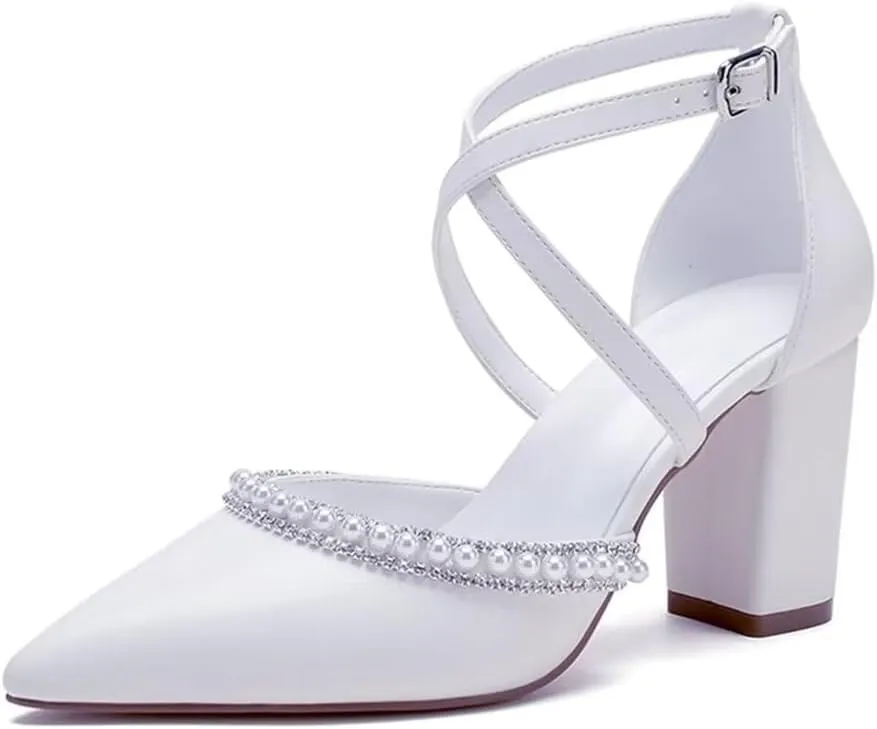 Block Heel Wedding Shoes for Bride Closed Toe Pearl Bridal Shoes Cross Strap Wedding Heels