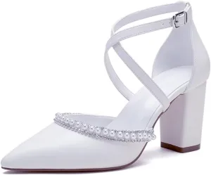 Block Heel Wedding Shoes for Bride Closed Toe Pearl Bridal Shoes Cross Strap Wedding Heels