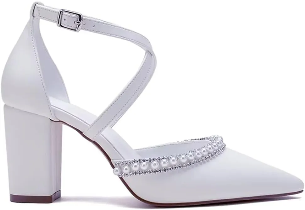 Block Heel Wedding Shoes for Bride Closed Toe Pearl Bridal Shoes Cross Strap Wedding Heels