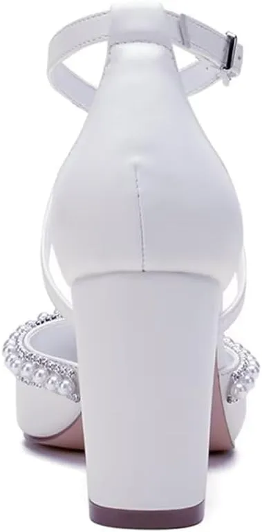 Block Heel Wedding Shoes for Bride Closed Toe Pearl Bridal Shoes Cross Strap Wedding Heels