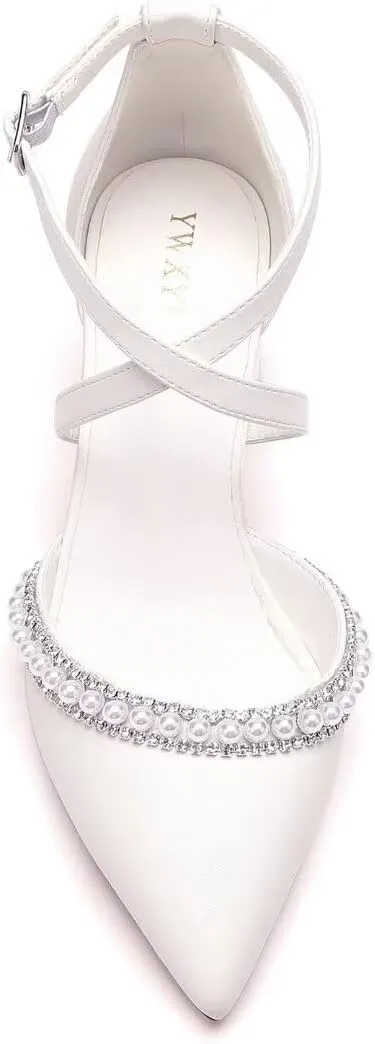 Block Heel Wedding Shoes for Bride Closed Toe Pearl Bridal Shoes Cross Strap Wedding Heels
