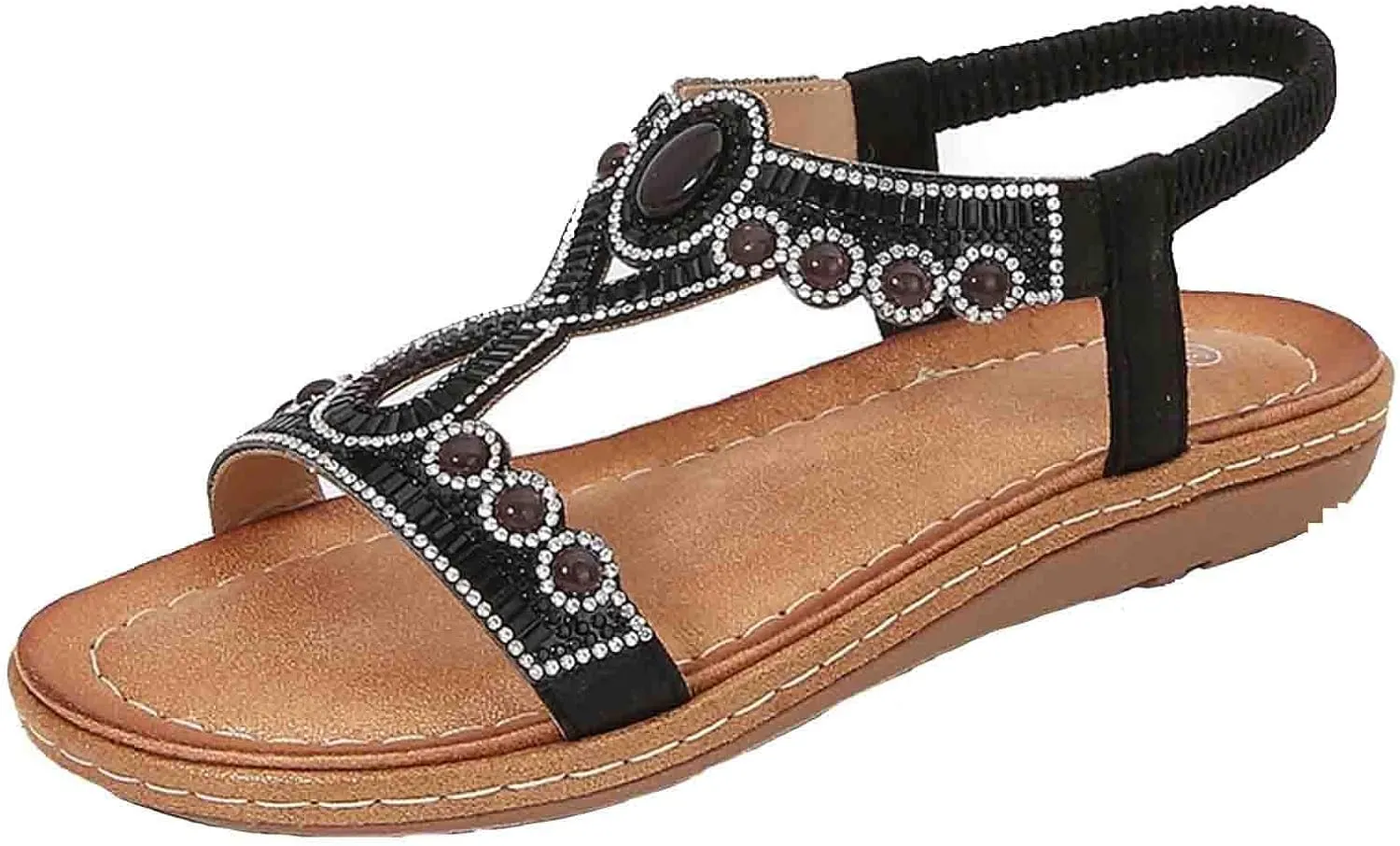 Bohemian Sandals for Women T-Strap Beaded Flower Rhinestone Flat Sandal Dress Beach Shoes Hiking Workout Shoe Summer Y2K Dressy
