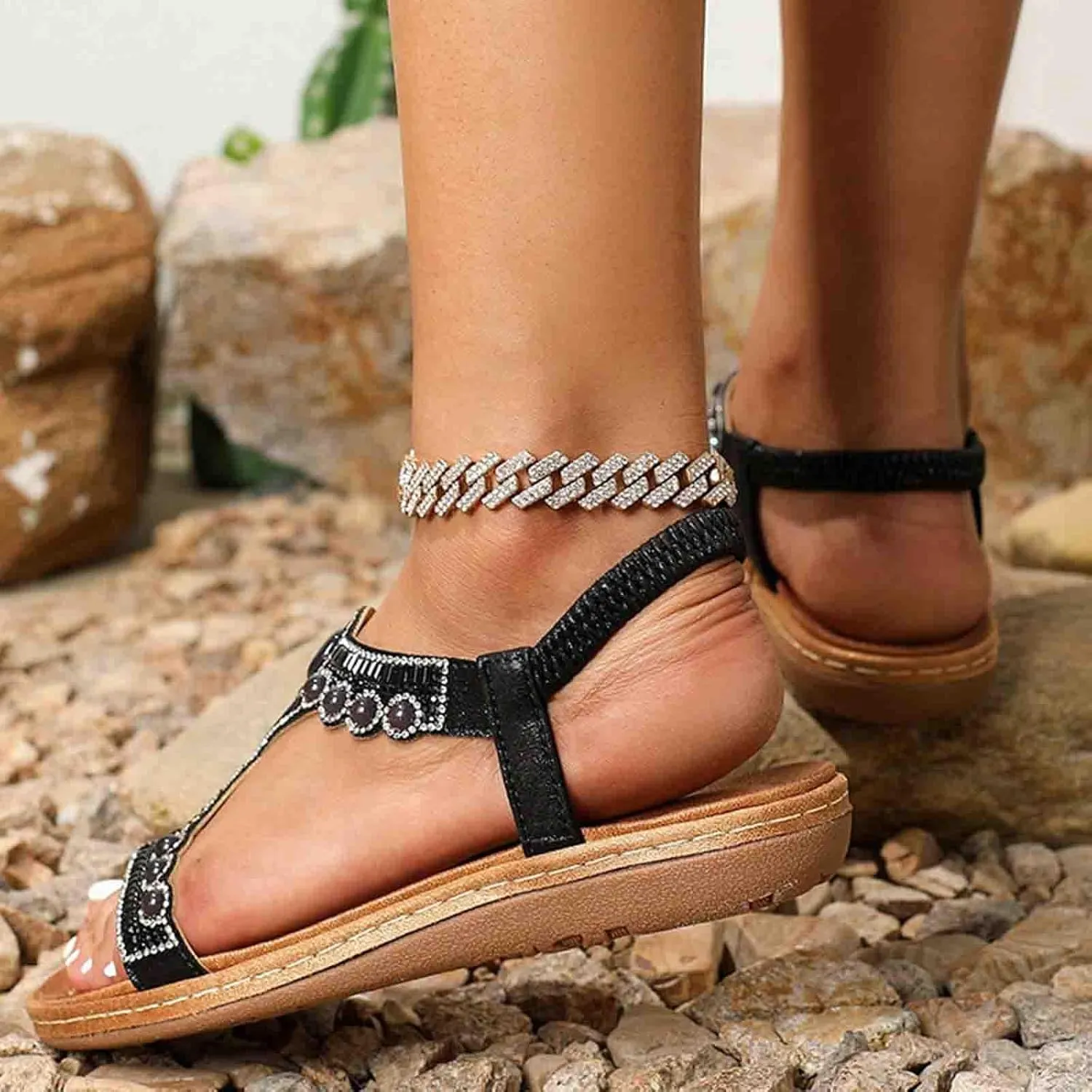 Bohemian Sandals for Women T-Strap Beaded Flower Rhinestone Flat Sandal Dress Beach Shoes Hiking Workout Shoe Summer Y2K Dressy
