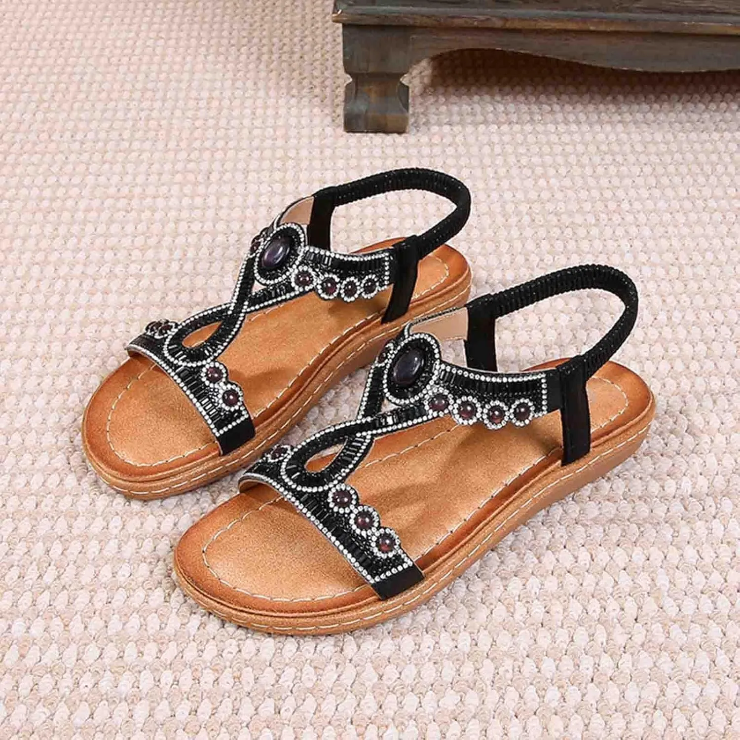 Bohemian Sandals for Women T-Strap Beaded Flower Rhinestone Flat Sandal Dress Beach Shoes Hiking Workout Shoe Summer Y2K Dressy