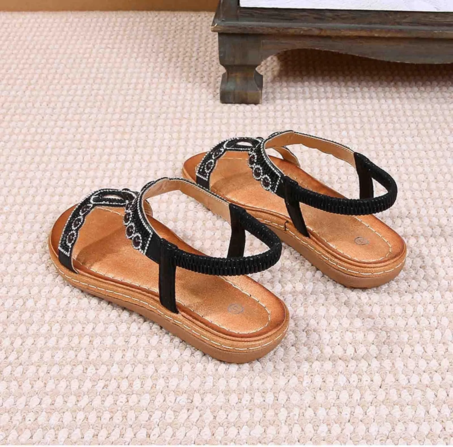 Bohemian Sandals for Women T-Strap Beaded Flower Rhinestone Flat Sandal Dress Beach Shoes Hiking Workout Shoe Summer Y2K Dressy