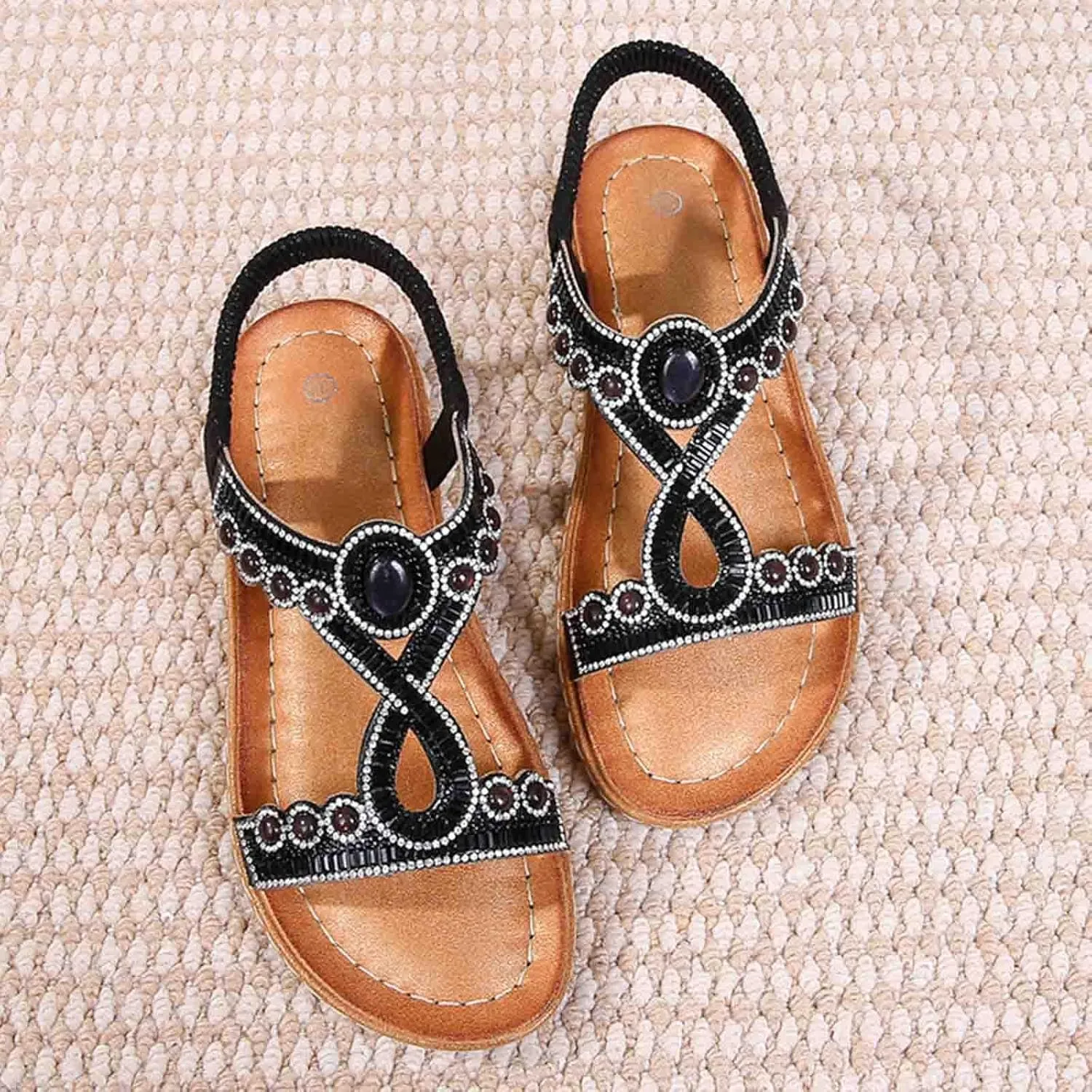 Bohemian Sandals for Women T-Strap Beaded Flower Rhinestone Flat Sandal Dress Beach Shoes Hiking Workout Shoe Summer Y2K Dressy
