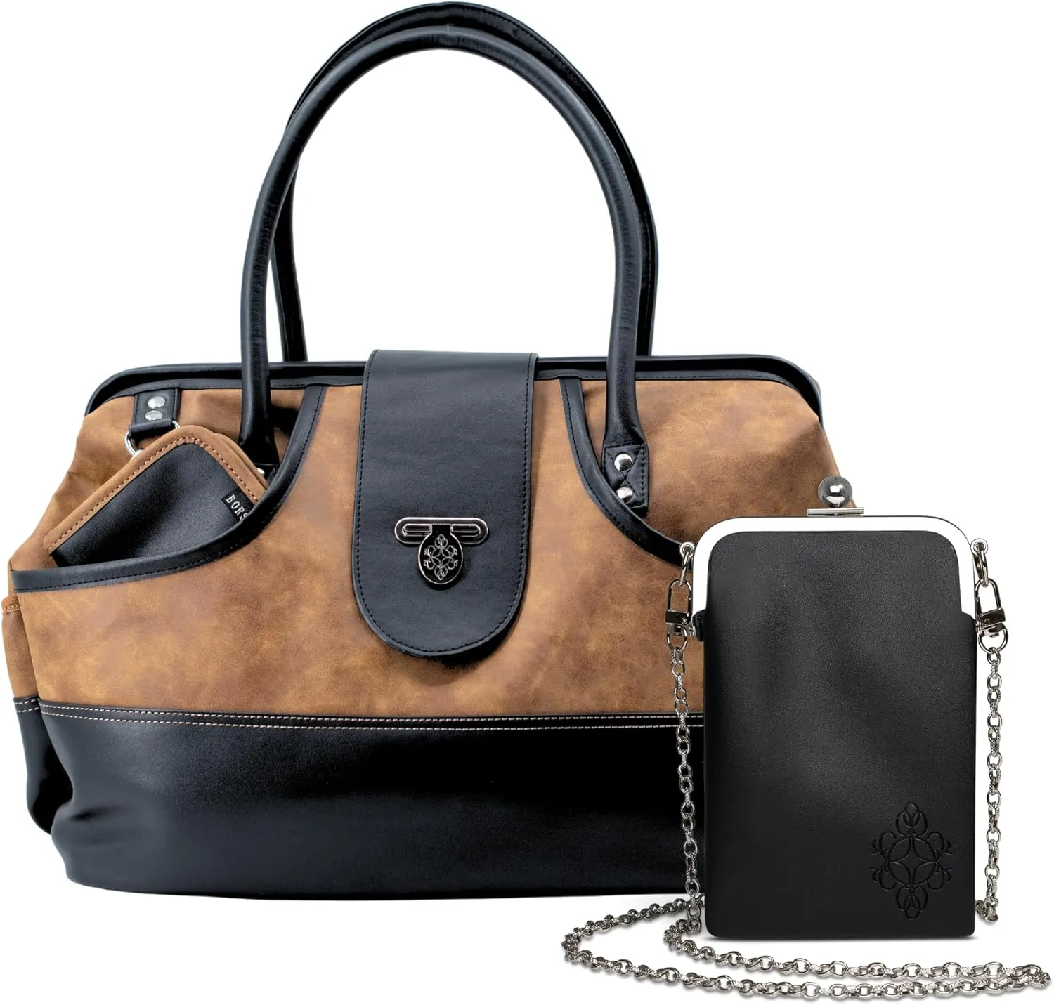 BORSALI Weekender Duffel Bag for Women with Packing Cubes, Travel Wallet, Shoe Covers, Sunglass Case Vegan Leather- Brown Bag & Black Sunglass Case with Removable Crossbody Chain