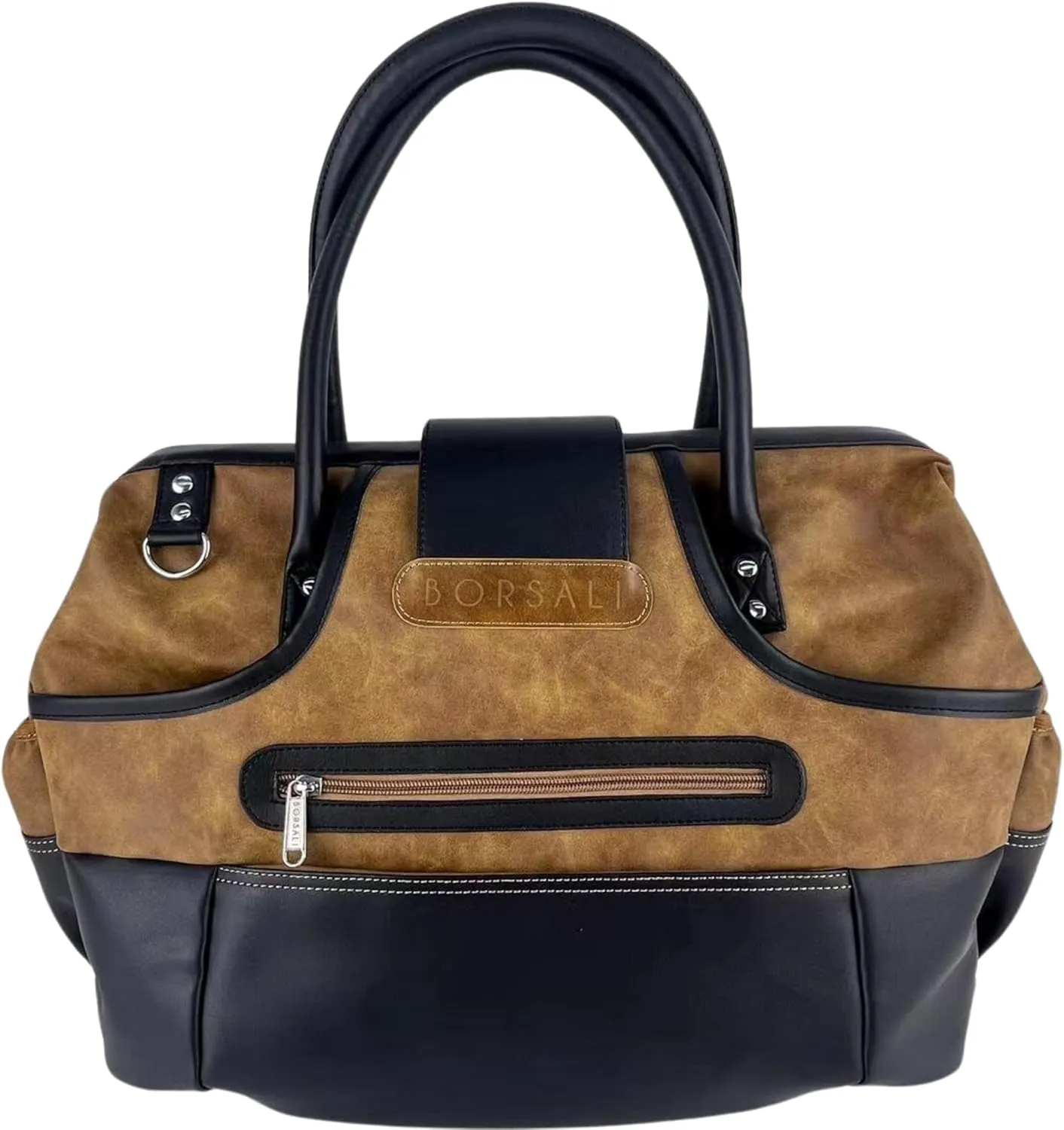 BORSALI Weekender Duffel Bag for Women with Packing Cubes, Travel Wallet, Shoe Covers, Sunglass Case Vegan Leather- Brown Bag & Black Sunglass Case with Removable Crossbody Chain