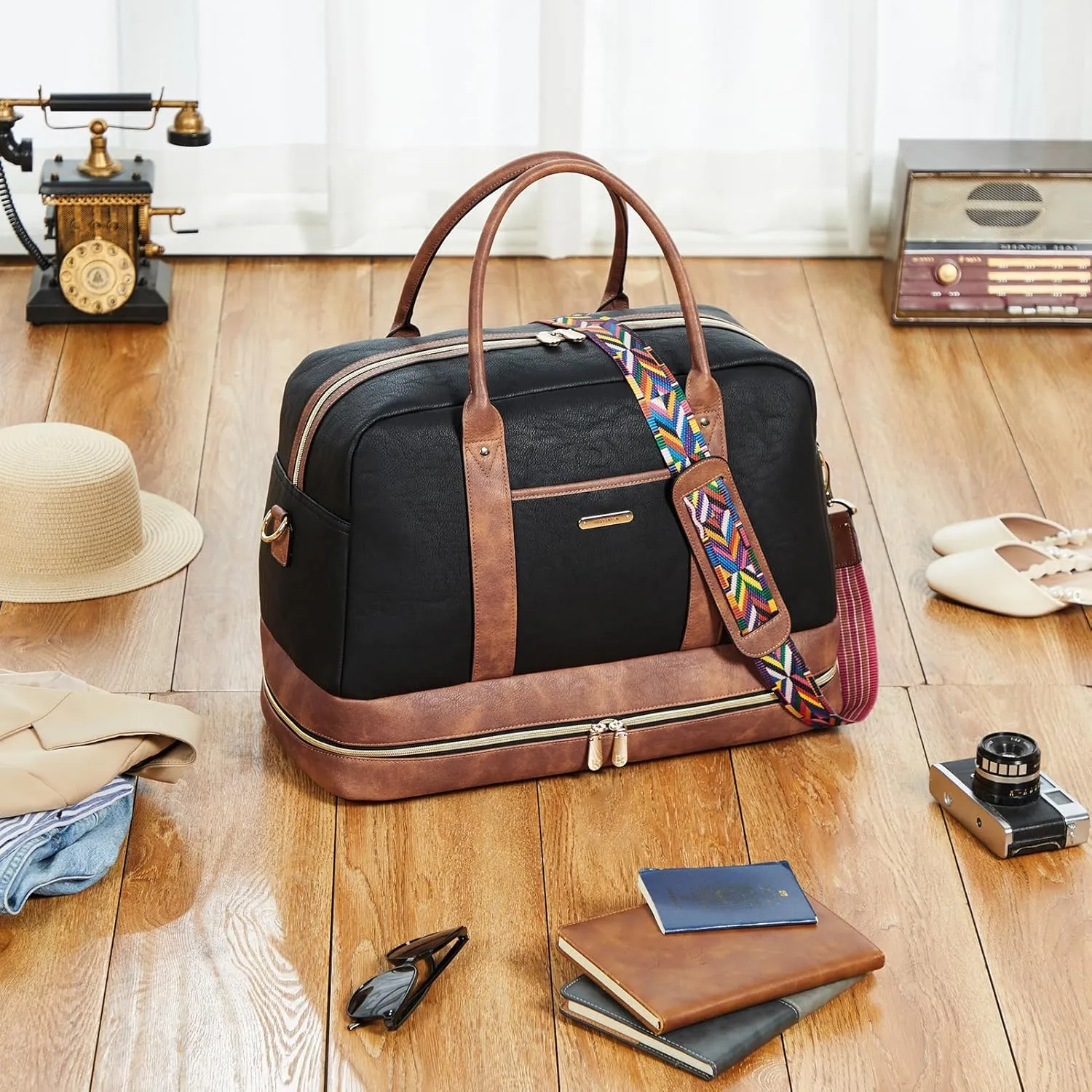 BOSTANTEN Weekender Bags for Women Leather Travel Duffel Overnight Bag Large Duffle with Shoe Compartment &Trolley Sleeve