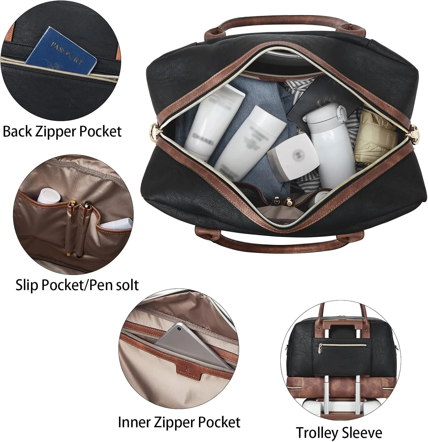 BOSTANTEN Weekender Bags for Women Leather Travel Duffel Overnight Bag Large Duffle with Shoe Compartment &Trolley Sleeve