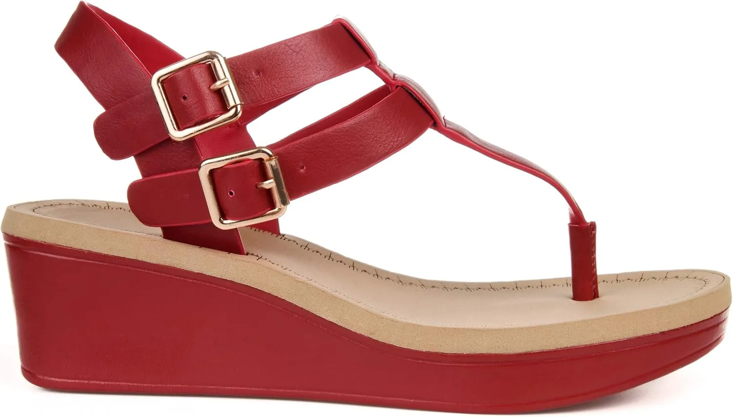 Brinley Co. Womens T-Strap Wedge Sandal Red, 7.5 Regular US