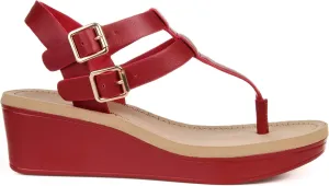 Brinley Co. Womens T-Strap Wedge Sandal Red, 7.5 Regular US